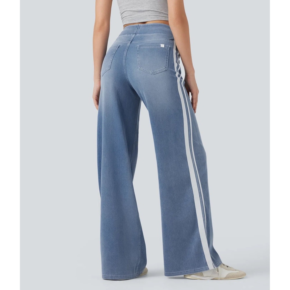 Halara Flex High Waisted Stripe Wide Leg 30 Women Large Petite Powder Blue Denim